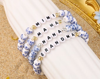 Pulsera con cuentas de nombre personalizado, pulsera con cuentas de porcelana azul y blanca hecha a mano, regalo de cumpleaños, regalo para mamá, regalos del Día de la Madre