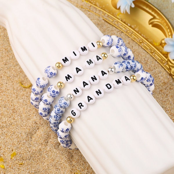 Personalisierte Name Perlen Armband, handgefertigte Blaue und weiße Porzellan Perlen Armband, Geburtstagsgeschenk, Geschenk für Mama, Muttertagsgeschenk