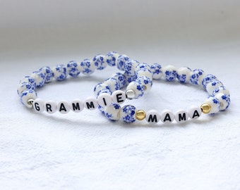 Coustom Name Beaded Bracelet, Personalized Blue White Porcelain Bracelet, Handmade Bracelet, Gift for Mom, Birthday Gift for Her