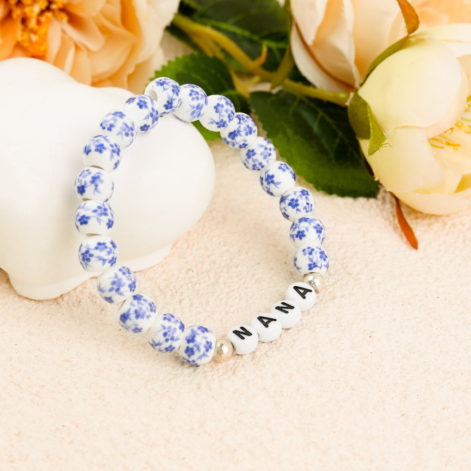 Personalized Name Beaded Bracelet, Handcrafted Blue and White Porcelain Beaded Bracelet, Birthday Gift, Anniversary Gift, Gift for Her