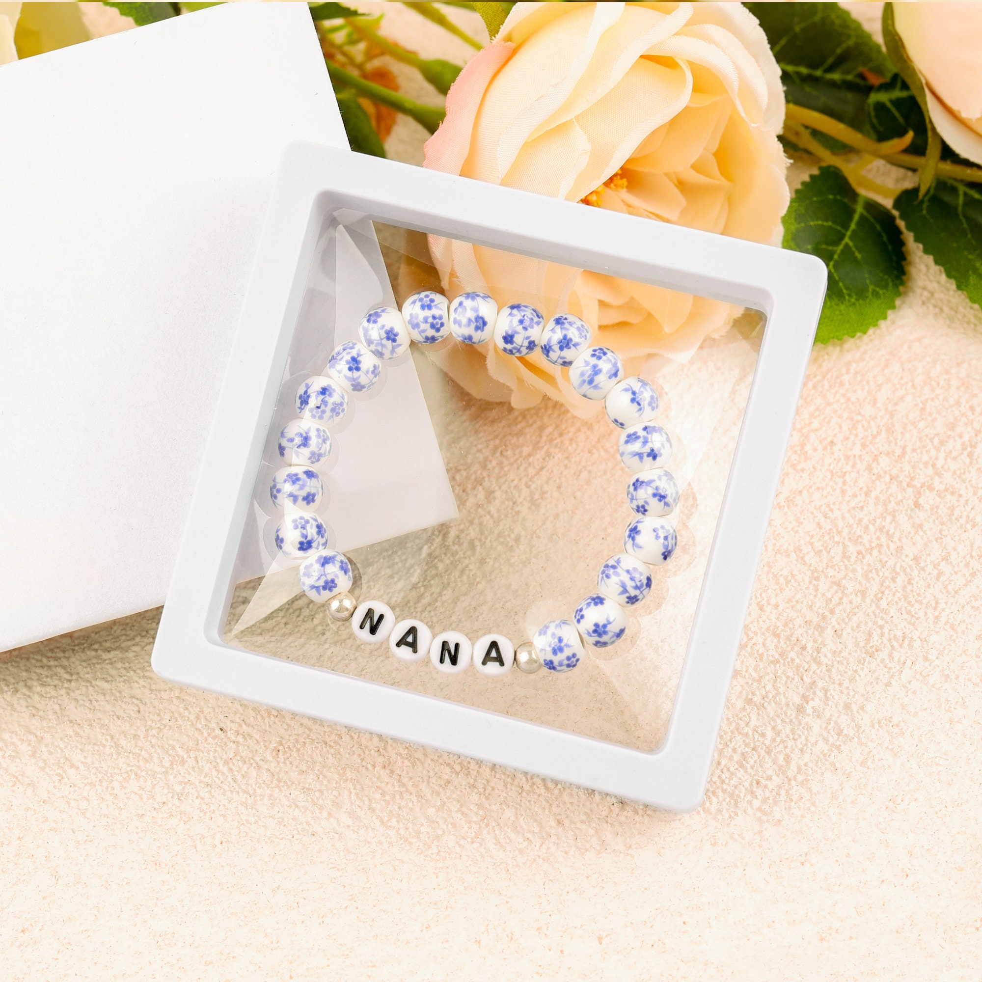 Personalized Name Beaded Bracelet, Handcrafted Blue and White Porcelain Beaded Bracelet, Birthday Gift, Anniversary Gift, Gift for Her