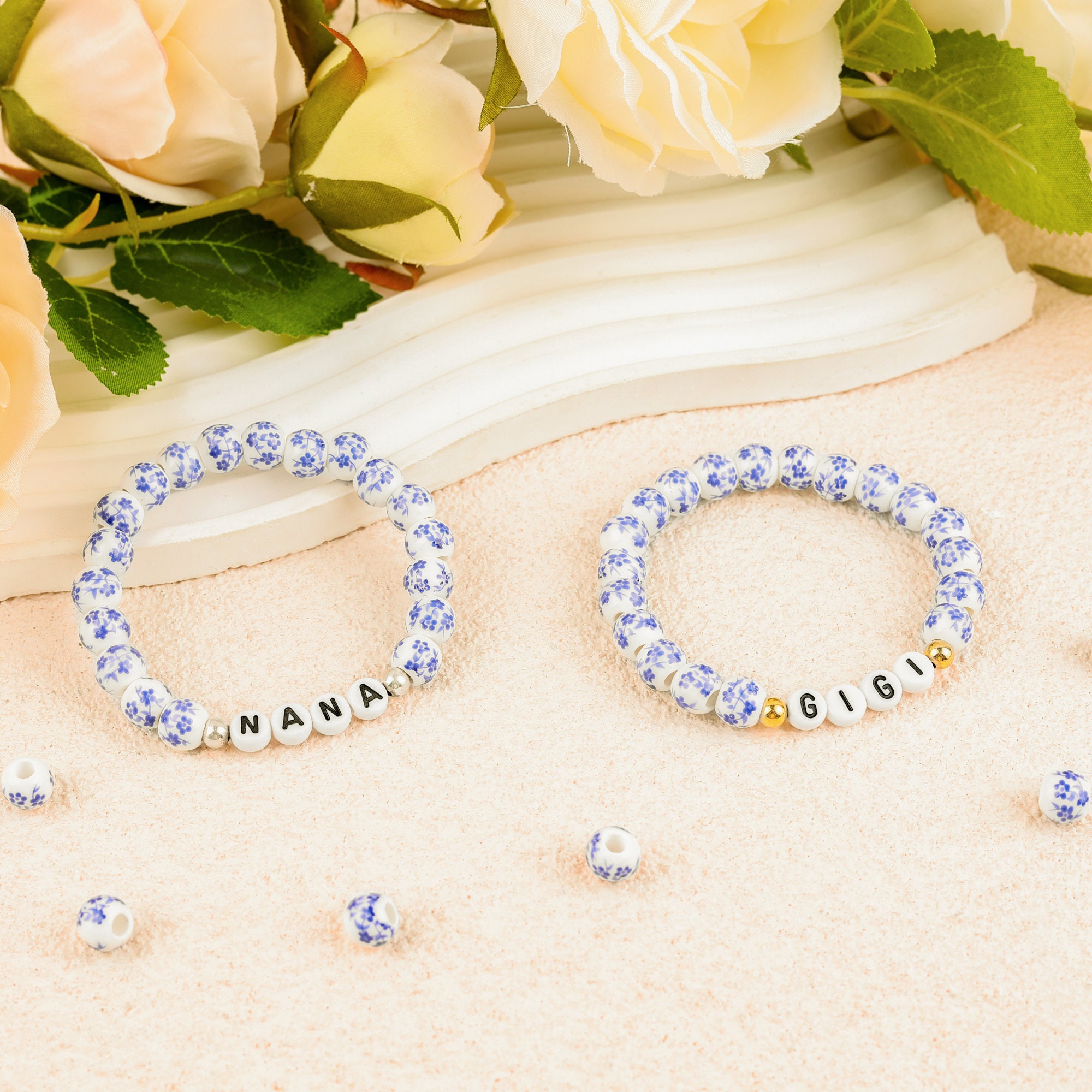 Personalized Name Beaded Bracelet, Handcrafted Blue and White Porcelain Beaded Bracelet, Birthday Gift, Anniversary Gift, Gift for Her