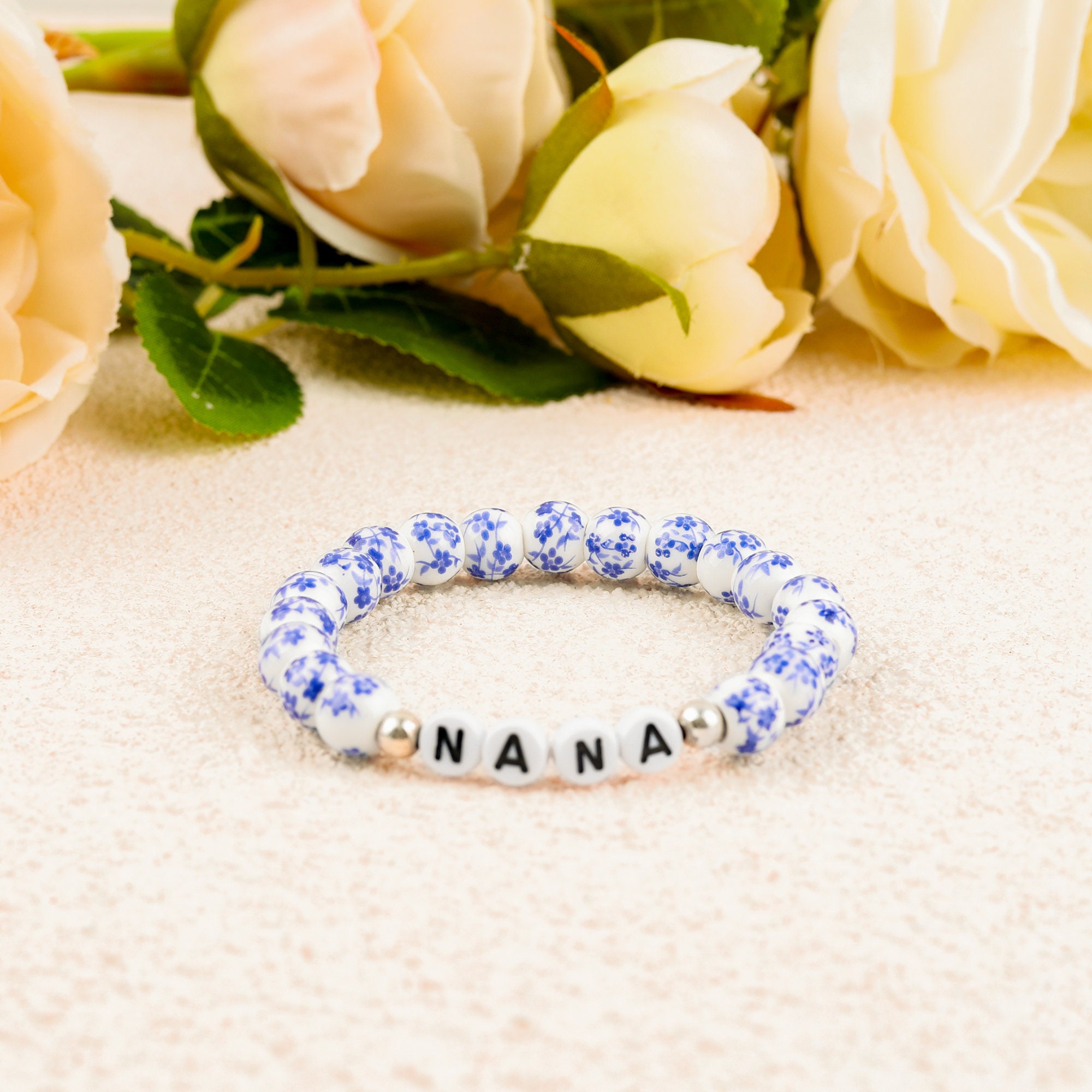 Personalized Name Beaded Bracelet, Handcrafted Blue and White Porcelain Beaded Bracelet, Birthday Gift, Anniversary Gift, Gift for Her