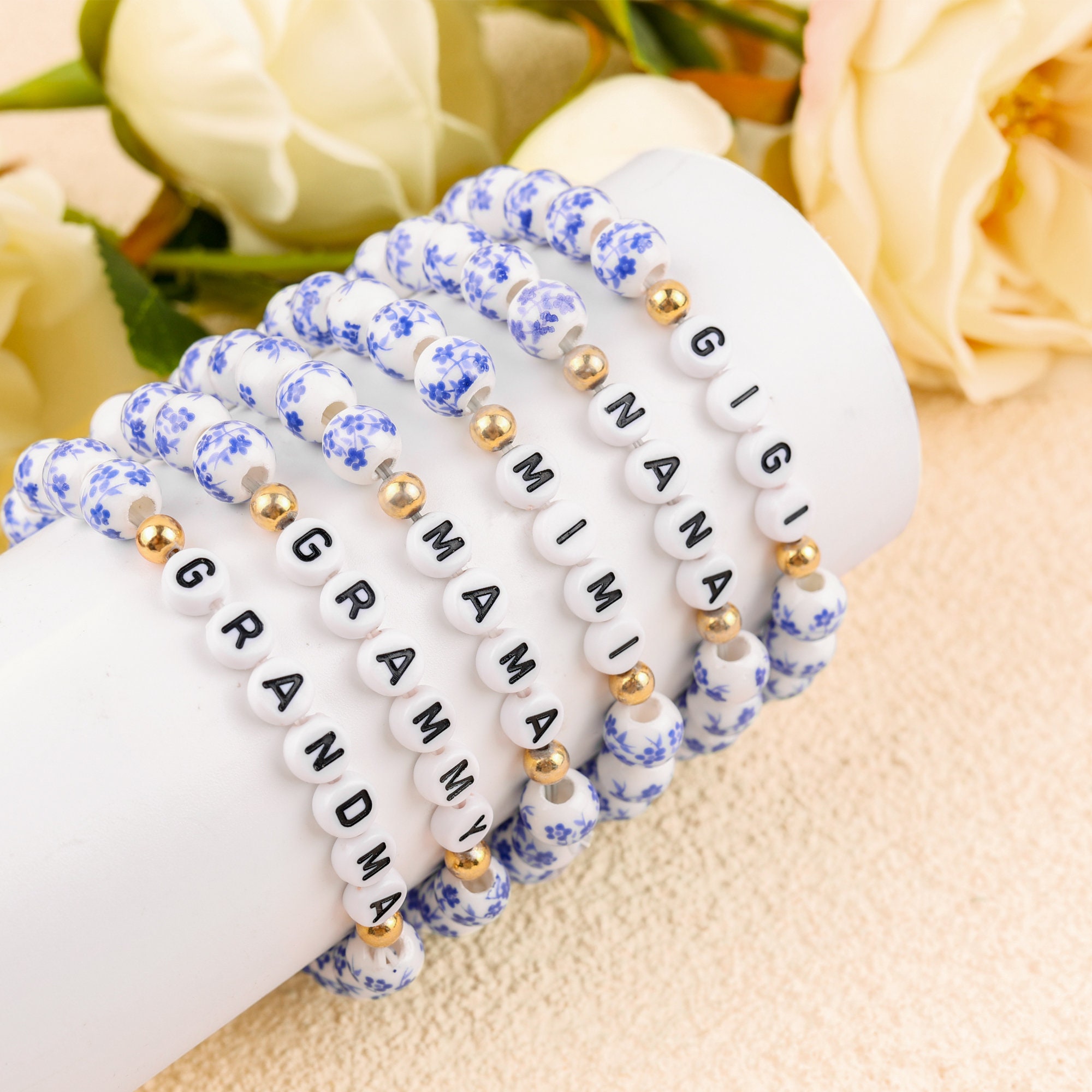 Personalized Name Beaded Bracelet, Handcrafted Blue and White Porcelain Beaded Bracelet, Birthday Gift, Anniversary Gift, Gift for Her