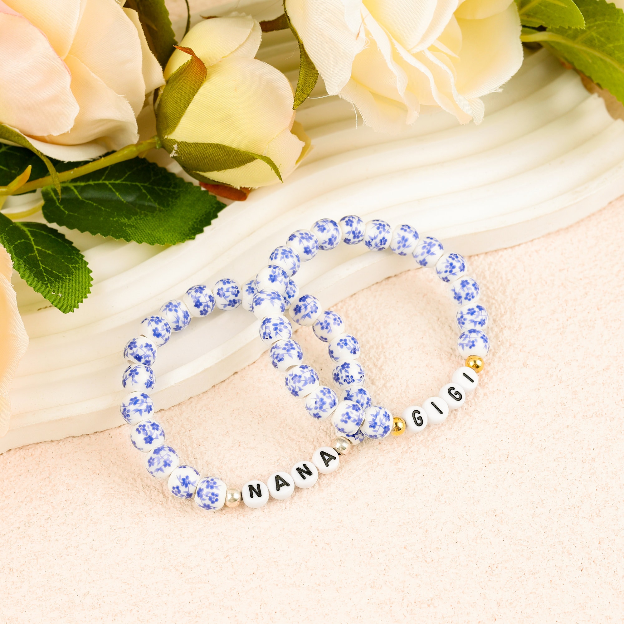 Personalized Name Beaded Bracelet, Handcrafted Blue and White Porcelain Beaded Bracelet, Birthday Gift, Anniversary Gift, Gift for Her