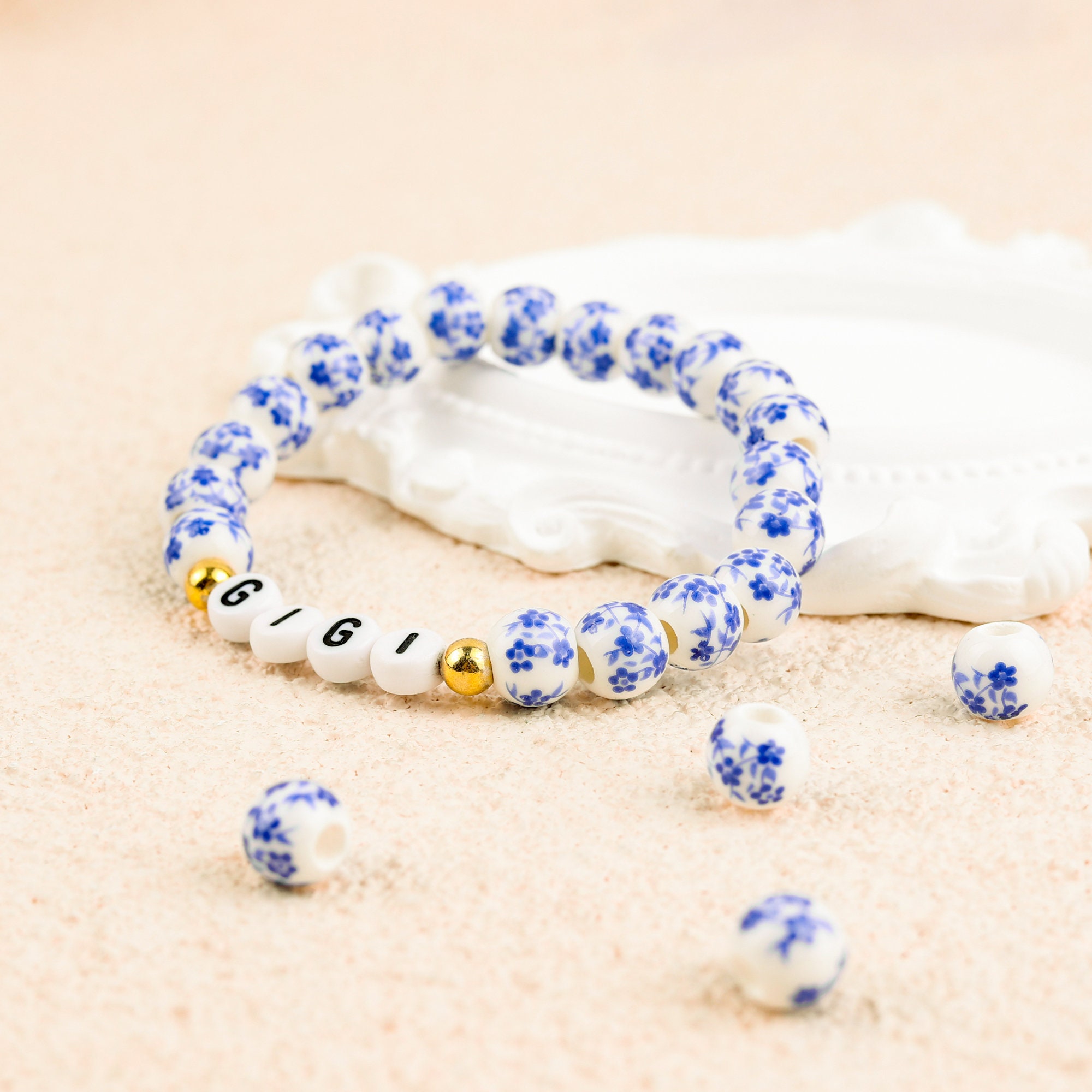 Personalized Name Beaded Bracelet, Handcrafted Blue and White Porcelain Beaded Bracelet, Birthday Gift, Anniversary Gift, Gift for Her