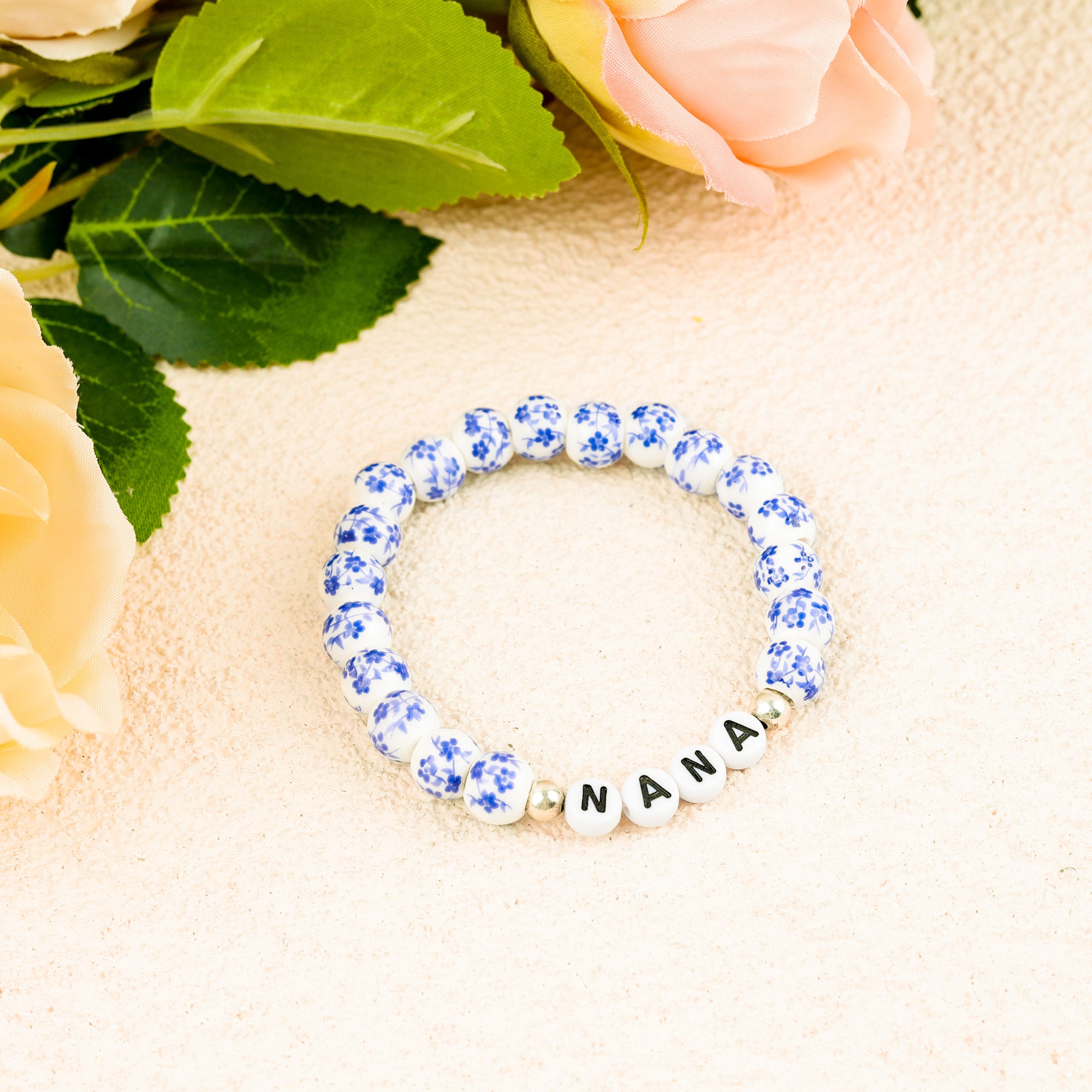 Personalized Name Beaded Bracelet, Handcrafted Blue and White Porcelain Beaded Bracelet, Birthday Gift, Anniversary Gift, Gift for Her