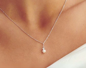 Collar de perlas minimalista de plata de ley S925, collar de perlas clásico delicado, collar de perlas simple, collar de boda, collar de madres