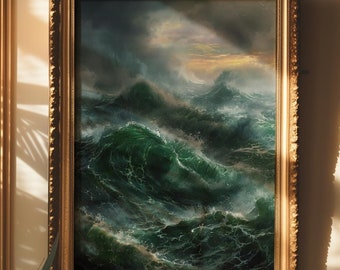 Stormy Sea Painting: Melancholic Image, Dark Cottagecore, Nature Waves Water Drawing, Goth Poster, Moody Landscape Mural
