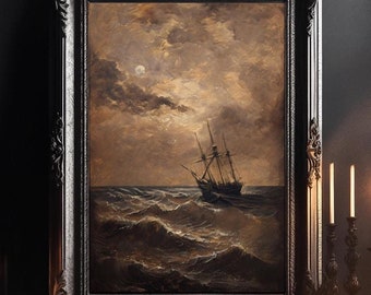 May include: A framed painting of a ship at sea, with a dark, ornate frame. The painting is set on a wooden table with lit candles and candle holders. The scene is dimly lit, with a focus on the artwork.