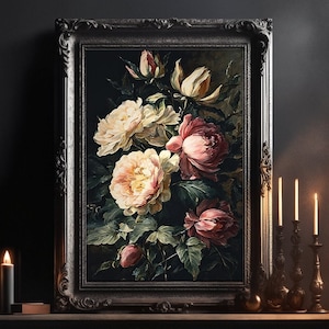 Pittura a olio di fiori: opere d'arte floreali vittoriane, gotico, stregoneria, poster del mondo accademico oscuro, carta pesante, murale dai colori vivaci
