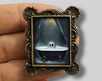 Bathing Ghost Mini Picture Frame in mini vintage style as a funny cute dark art wall decoration for Halloween, Gothic or spooky gift idea