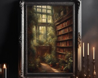 Old Library Drawing Wall Art: Vintage Oil Painting, Ancient Knowledge, Dark Academia, Victoria, Gothic Poster, Bold Colors Wall Picture