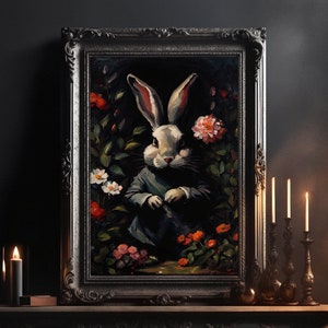 Hase im Blumenbusch: Dark Cottagecore, Düstere Zeichnung, Dunkle Künste Poster, Gothic Gemälde, Goth Home Decor, Malerei Tier Wandkunst