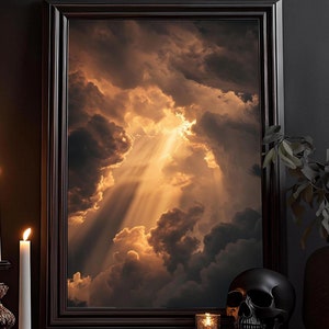 Licht in de duisternis: Goth Sky, magische aquareltekening, mooi licht, donkere academische wereld, gotische poster, muurschildering
