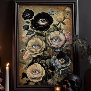 Les fleurs qui voient tout, Art victorien goth, Dessin magique, Peinture de la nature sombre, Dark Academia, Affiche gothique, Peinture murale botanique