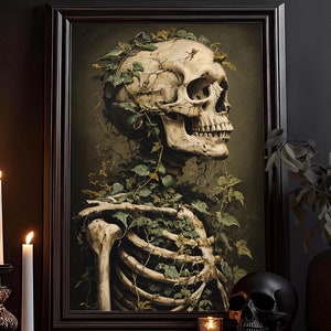 Squelette recouvert de plantes : décoration d'intérieur horrifique, peinture gothique, affiche d'art sombre, crâne, peinture Dark Academia, art mural