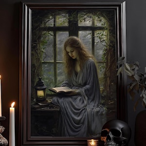 Woman Reading Painting: Victorian Decor, Gothic Dark Art, Vintage Woman, Dark Academia, Rustic Antique Painting Painting, Poster, Wall Art