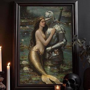Die Nixe und der Ritter Kunstdruck: Viktorianisch Dark Art Fantasy, Gothic Öl Gemälde, Dunkle Kunst, Dark Academia Malerei, Poster, Wandbild
