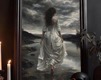 On the Way to the Lake Art Print: Victorian Decor, Gothic Dark Art, Vintage Woman, Dark Academia, Painting, Poster, Wall Art