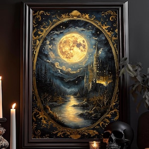 Castle in the glow of the full moon: Victorian art print, Magical picture, Dark Academia, Fantasy, Gothic poster, Strong colors wall picture