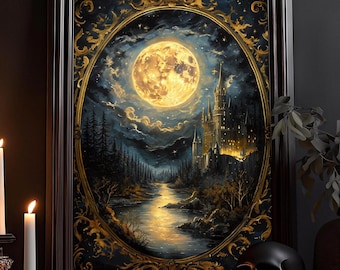 May include: A framed painting of a castle in a forest under a full moon. The castle is lit up with golden lights and the moon is a bright yellow. The painting is in a dark, ornate frame.