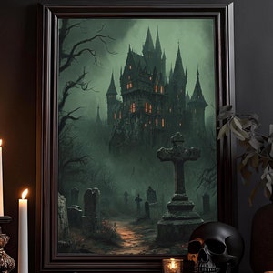 Grusel Villa am Friedhof Kunstdruck: Gothic Gemälde, Gotische Wanddekoration, Dark Academia, Dunkle Zeichnung, Poster, Qualitäts-Wandbild