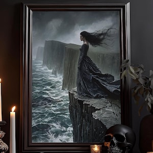 La femme à la falaise : décor victorien, art sombre gothique, vintage, art sombre rustique, peinture sombre, affiche, peinture murale