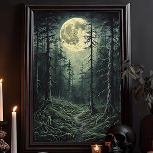 Wald bei Vollmond Gemälde: Melancholisches Bild, Natur Zeichnung, Dark Academia, Gothic Poster, Dunkle Natur Kunst, Kräftige Farben Wandbild