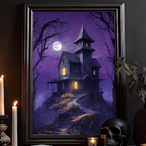 Villa im Violetten Mondschein Gemälde: Grusel Horror Gotik Wandbild, Alte Düstere Malerei, Dark Art Poster, Vintage Hexen Gothic Kunstdruck