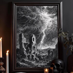 Ruine im Angesicht des Blitzes: Düsteres Öl Gemälde, Ruinen Burg, Dark Academia, Barock Kunstdruck, Gothic Poster, Rustikal, Antik Wandbild