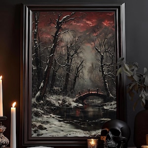 Der Rot Scheinende Himmel: Magische Zeichnung, Gothic Himmel, Magische Öl-Zeichnung, Dunkle Kunst Natur, Dark Academia Art Poster, Wandbild