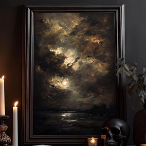 Dunkle Landschaft Öl-Stil Gemälde: Melancholisches Bild, Natur Impressionismus Zeichnung, Dark Academia, Gothic Poster, Moody Art Wandbild