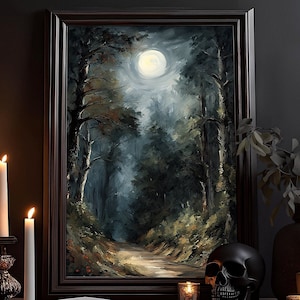 Waldweg bei Nacht: Melancholisches Bild, Impressionismus Zeichnung, Öl-Gemälde, Dark Academia, Gothic Poster, Kräftige Farben Wandbild