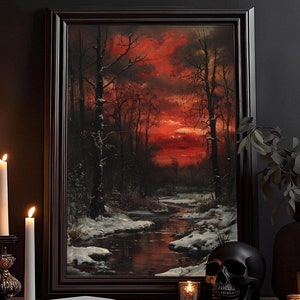 Rote Abenddämmerung Ölgemälde: Melancholisches Bild, Natur Impressionismus Zeichnung, Dark Academia, Gothic Poster, Kräftige Farben Wandbild