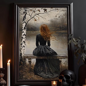 Allein am See Gemälde: Viktorianisches Dekor, Goth Dark Art Druck, Vintage Frau in Herbst, Dark Academia, Malerei Kunst, Poster, Wandbild