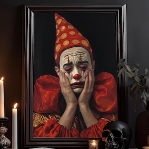 Trauriger Clown Gemälde: Horror Grusel Vintage Poster, Dunkle Künste, Düsteres okkultes Gemälde, Gothic Dark Home Decor, Halloween Wandbild