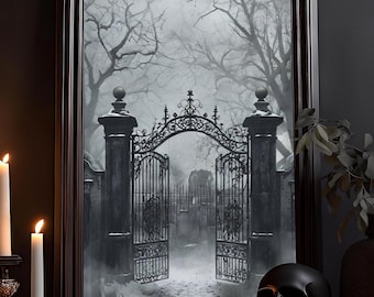 „Brama na cmentarz” – wydruk artystyczny: plakat z horrorem, mroczna magia, gotyckie malarstwo okultystyczne, czary, gotycki wystrój domu, gotycka sztuka ścienna