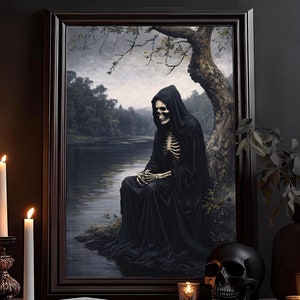 Mort seule au lac Art Print: Décoration d’horreur, Peinture gothique, Affiche d’art sombre, Crâne, Décor sombre, Peinture squelette, Peinture murale