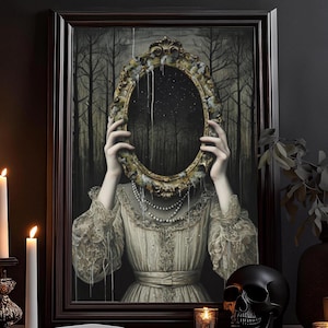 Miroir mystérieux : décor victorien, art gothique sombre, impression d'art de femme vintage, Académie sombre, peinture, affiche, art mural