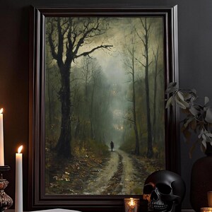 Spaziergang allein im Wald: Viktorianisches Dekor, Goth Dark Art, Vintage, Rustikal Dark Academia Kunst, Malerei Gemälde, Poster, Wandbild