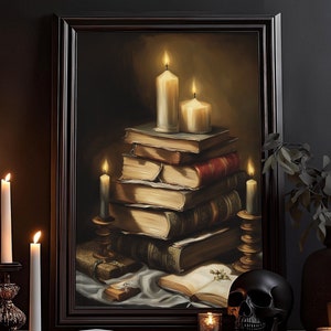 Bücher Kerzen Wandkunst: Dunkle Aquarell Zeichnung, Bücherei, altes Wissen, Dark Academia, Gothic Poster, kräftige Farben Wandbild