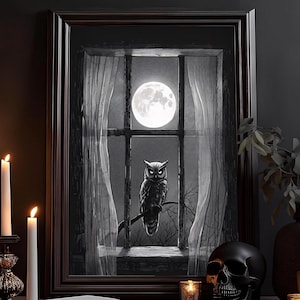 Eule bei Vollmond Kunstdruck: Düsteres Horror Gemälde, Gothic Zeichnung, Dunkle Dark Academia Malerei, Grusel Dunkle Kunst Poster, Wandbild