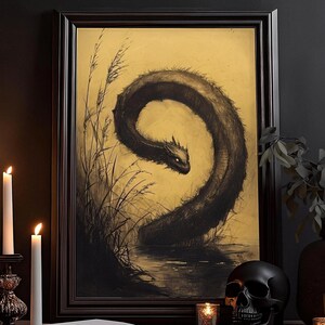 La stampa artistica del serpente nero: pittura dell'orrore oscuro, arte oscura, disegno gotico, pittura del mondo accademico oscuro, poster di decorazioni spaventose, murale