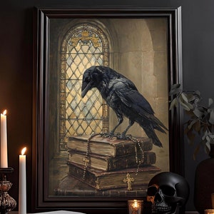 Rabe im Kloster Gothic Kunst Poster, Vintage Poster, Dark Art, Viktorianisch Krähe/Rabe, Witchcraft, Gothic Barock Decor, gotisches Wandbild