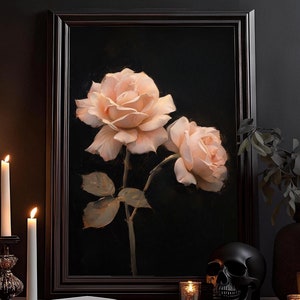 Pinke Rose Kunstdruck: Schöne Melancholische Rose, Gothic Poster, Dunkler Cottagecore, Viktorianische Kunst, Vintage Floral Botanik Wandbild