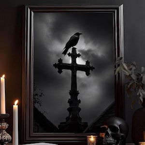 Rabe auf dem Kreuz Kunstdruck: Vintage Poster, Dark Art, Schwarze Viktorianische Krähe/Rabe, Witchcraft, Gothic Dekor, Gotisches Wandbild