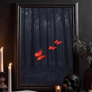 Magische Schmetterlinge Kunstdruck: Dunkler Wald, Dark Cottagecore, Kunstvolle Dunkle Kunst, Zauberwald Goth Poster, Insekt Natur Wandbild