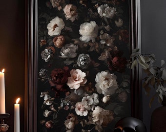 Flowers on black, Victorian art, Magical Baroque drawing, Dark painting, Dark Academia, Gothic poster, Botanical wall art
