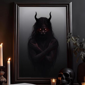 Lámina artística de Súcubo con Ojos Rojos: Arte Oculto Oscuro de Demonio Satán, Impresión Gótica, Arte Oscuro, Academia Oscura, Póster de Terror, Arte Mural